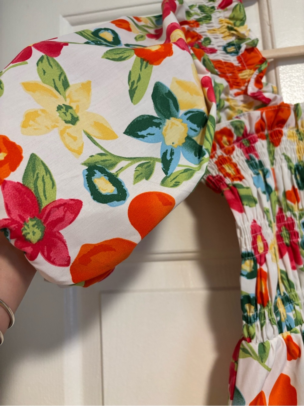 THML White Floral Smocked Summer Top with Orange & Pink Blossoms - Picture 3 of 5